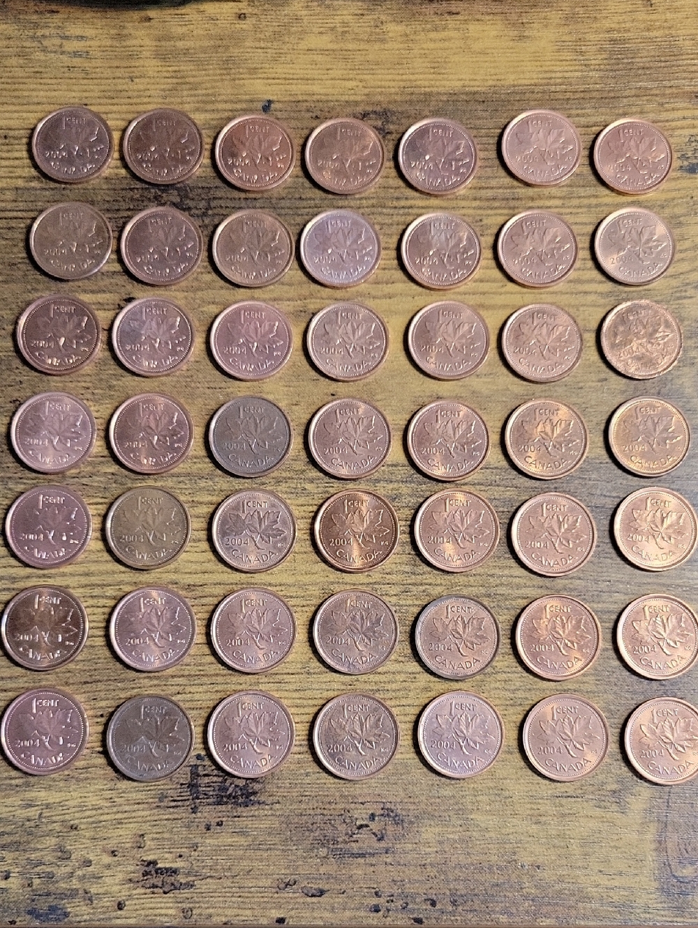Lot of 50 (Full Roll) Canadian 2004 1 Cent Coins - Copper Tone